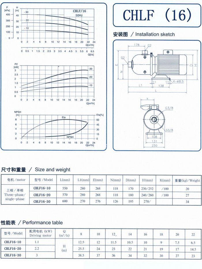 CHLF輕型立式不銹鋼多級(jí)離心泵安裝圖、尺寸、性能