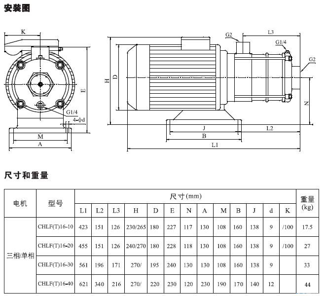 不銹鋼多級離心泵安裝圖、尺寸及重量